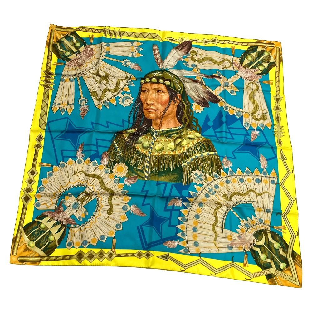 美品 HERMES エルメス カレ90 COSMOGONIE APACHE アパッチ族の宇宙論 スカーフ ブルー イエロー レディース 古着 中古 USED