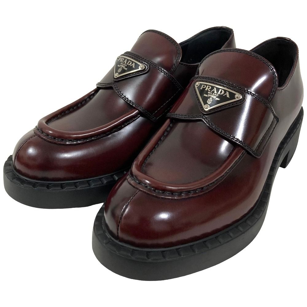 新品同様 PRADA プラダ トライアングル エンブレム チョコレートブラッシュドレザー ローファー シューズ サイズ36 約23cm ブラウン レディース 古着 中古 USED