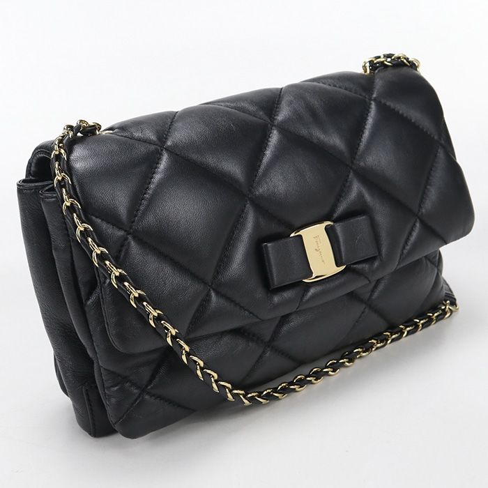 FERRAGAMO フェラガモ チェーン ヴァラリボン 21 E767 ショルダーバッグ カーフ【中古】 レディース