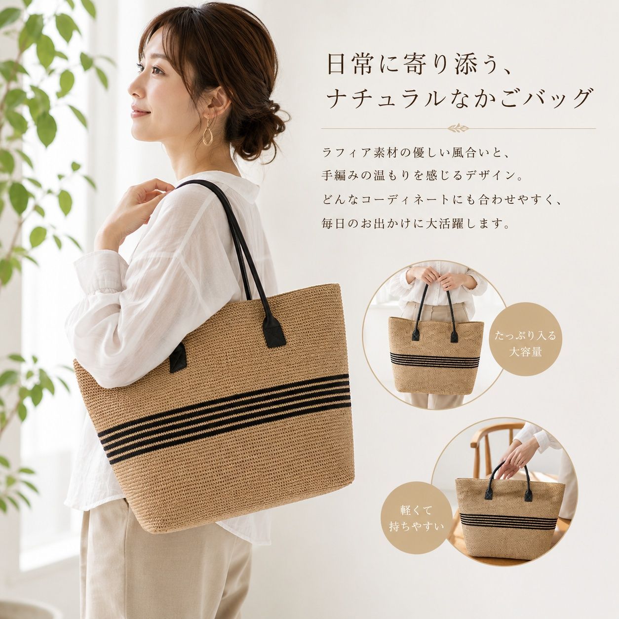 レディース かごバッグ 編み込み トートバッグ ハンドメイド ラフィア素材 天然素材 大容量 軽量 夏バッグ ビーチバッグ リゾート 旅行 手提げ 肩掛け ワンショルダー ナチュラル おしゃれ カジュアル SGPJ714