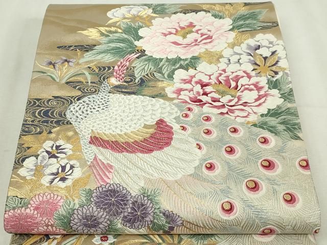 平和屋本店▼六通柄袋帯　唐織　孔雀花文　純金箔　正絹　逸品　DABG9636sf