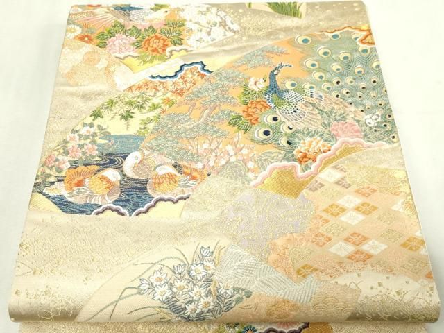平和屋本店▼六通柄袋帯 唐織 景年花鳥絵図 純金箔 正絹 逸品 DABG9654sf