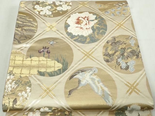 平和屋本店▼全通全景柄袋帯　唐織　花鳥丸文　本金箔二重箔織　正絹　逸品　DABG9674sf