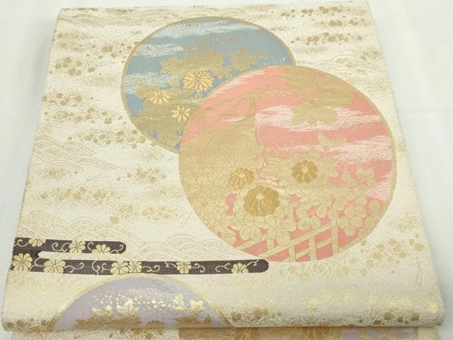 平和屋本店▼六通柄袋帯　草花丸文　純金糸　正絹　逸品　DABG9676sf