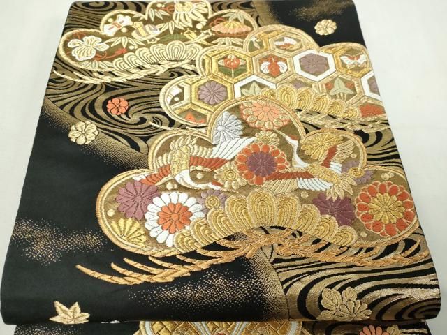 平和屋本店▼両面　全通柄袋帯　唐織　流水花蝶松文　本金二重箔織　黒地　正絹　逸品　DABG9691sf