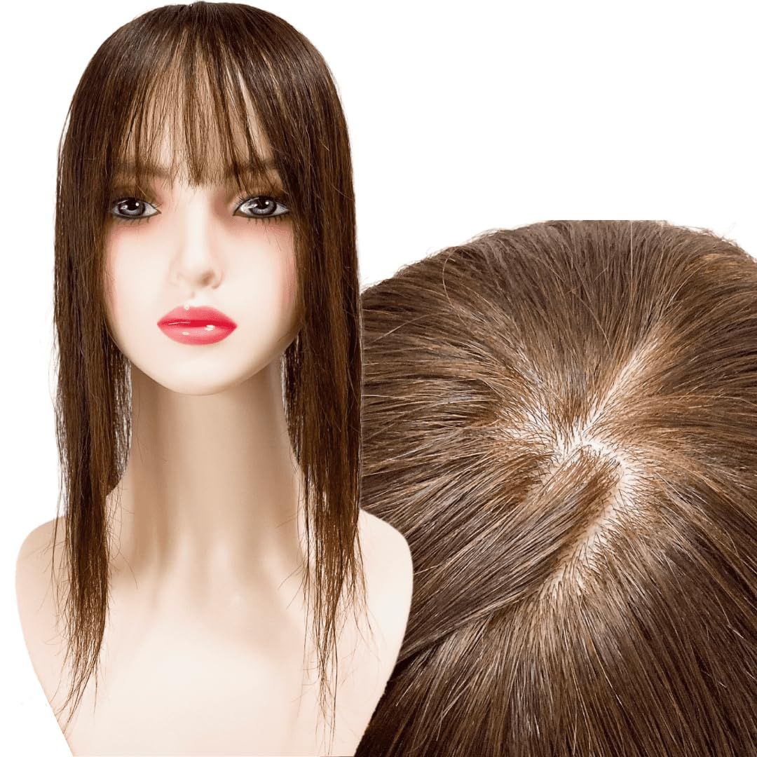Luce brillare 部分ウィッグ ヘアピース ポイントウィッグ 女性 レディース 人毛100% かつら 分け目自由自在 トップピース トップカバー トップウィッグ ストレート 前髪ウィッグ 人毛 医療 つむじ [ナチュラルブラウン] [9×14cm]
