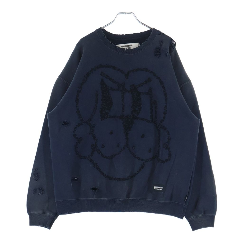 NEIGHBORHOOD (ネイバーフッド) 25AW ×CHITO SAVAGE SWEAT SHIRT LS チト ダメージ加工 フロントイラスト刺繍 クルーネックスウェットトレーナー ネイビー 252OKCIN-CSM01S