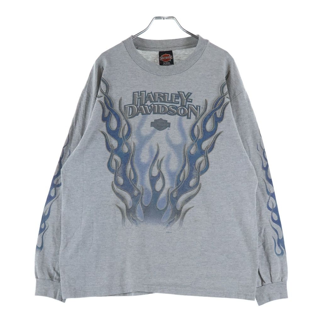 HARLEY DAVIDSON (ハーレーダビッドソン) 90s VINTAGE BLUE FLAME L/S TEE ブルーフレイム 袖プリント 長袖Tシャツ カットソー ロンT グレー