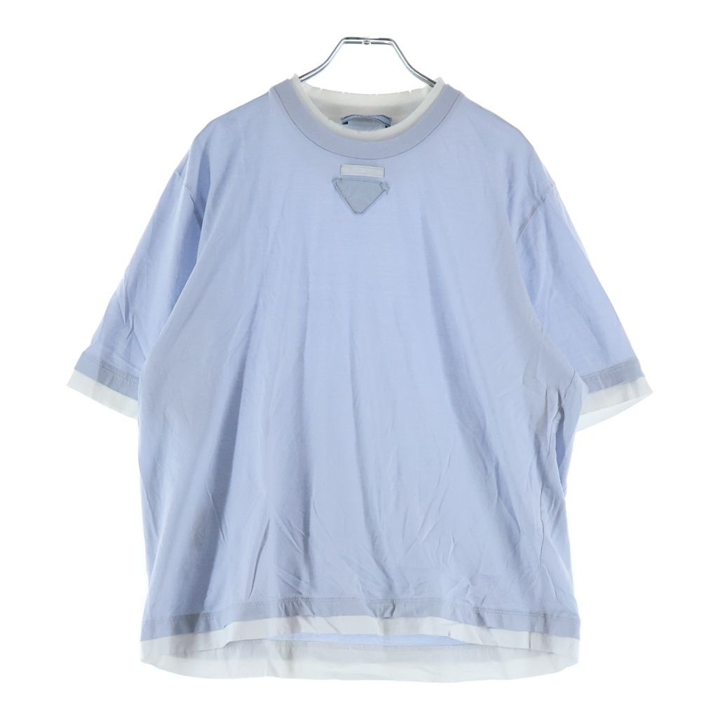 PRADA (プラダ) トライアングルロゴ レイヤード クールネック ジャージ 半袖Tシャツ カットソー ブルー/ホワイト 3579B S000