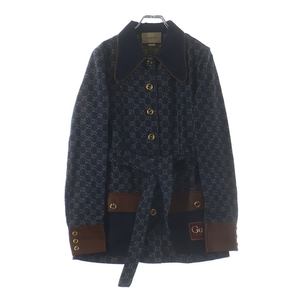 GUCCI (グッチ) GGデニム レザー切替 スクエアパッチ ベルテッド ジャケット インディゴブルー #40 652658