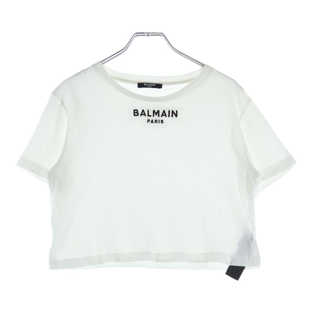 BALMAIN (バルマン) フロントロゴ刺繍 クロップド丈 クルーネック 半袖Tシャツ ホワイトレディース BKUXV 001