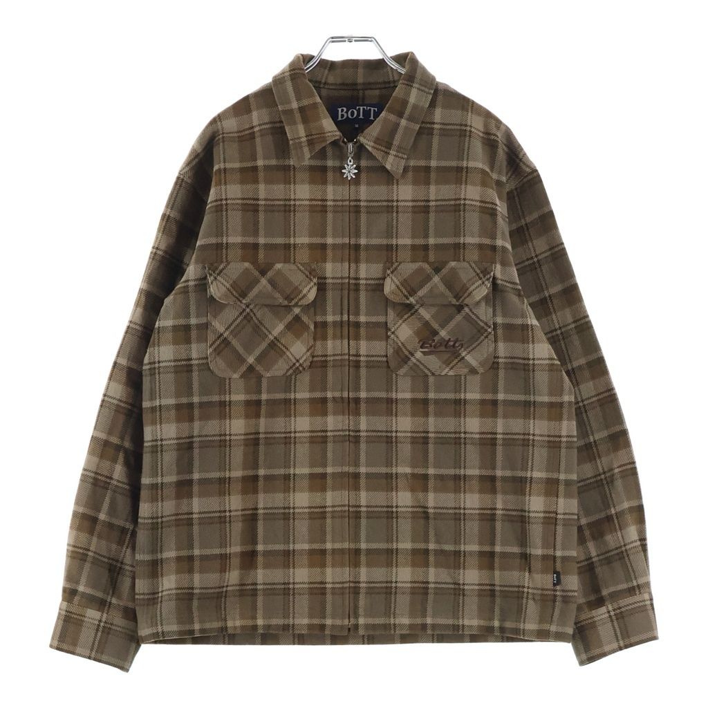 BoTT (ボット) Zip-Up Flannel Shirt ロゴ刺繍 チェック総柄 ジップアップ フランネル シャツ ジャケット ブラウン 253BoTT37