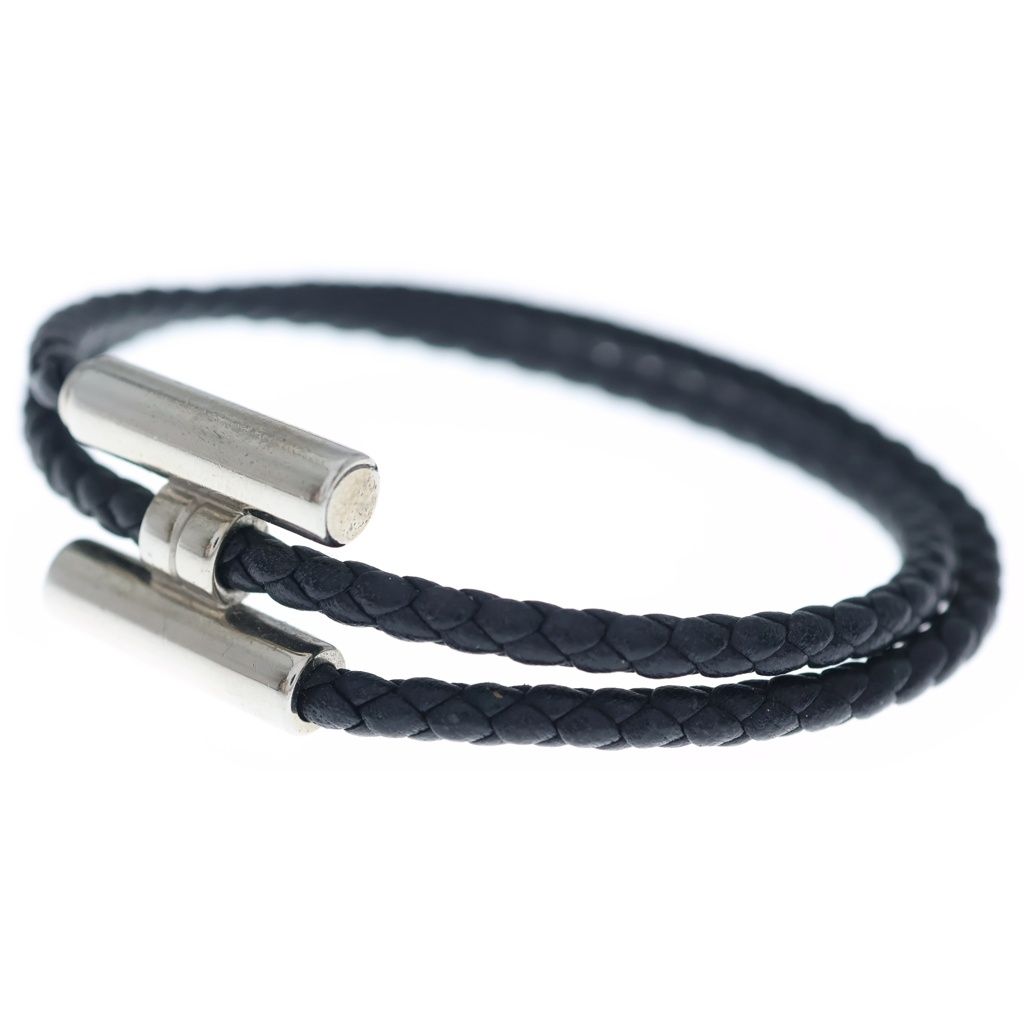 HERMES (エルメス) トゥルニ トレッセ Hロゴ ノワール レザー ブレスレット ブラック/シルバー