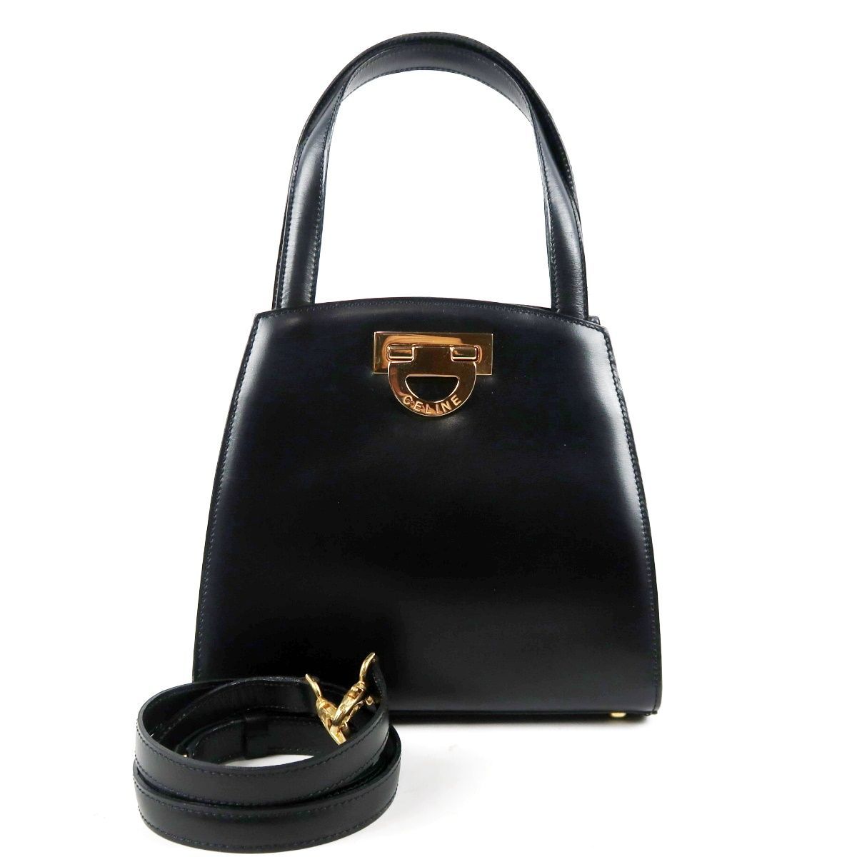 【美品】CELINE セリーヌ 2WAYショルダー ハンドバッグ レザー ブラック×ゴールド金具 ブランド鞄 レディース【HH99】