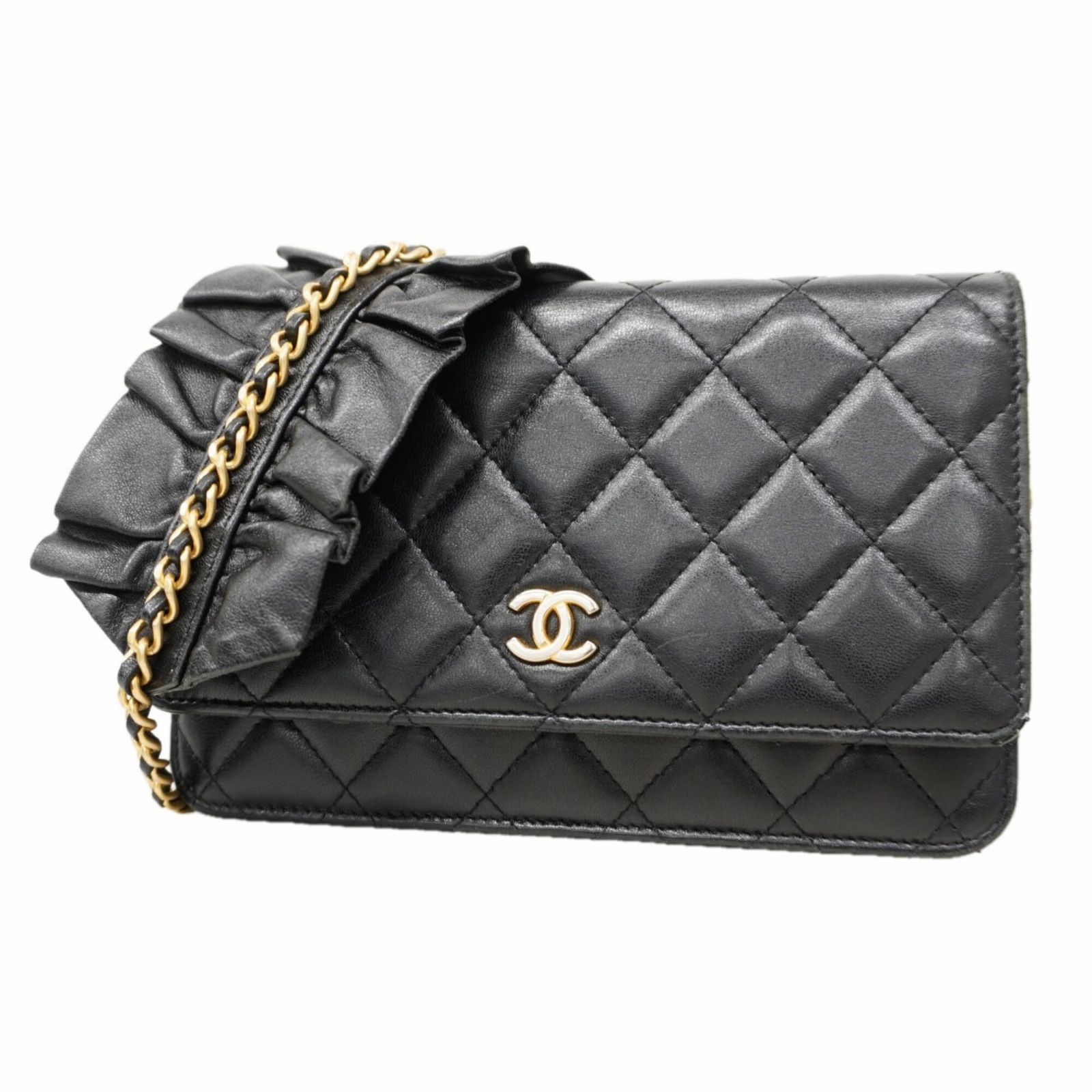 シャネル(Chanel) シャネル 財布・ショルダーウォレット マトラッセ チェーンショルダー ラムスキン ブラック レディース