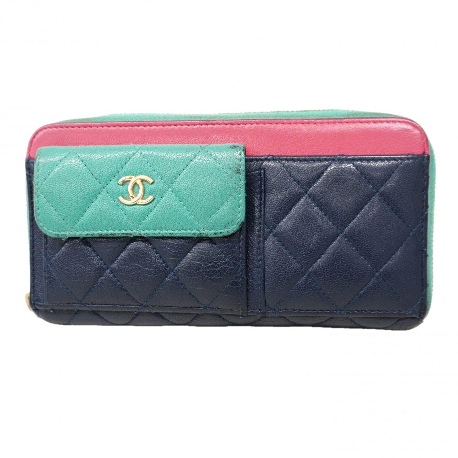 シャネル(Chanel) シャネル 長財布 マトラッセ キャビアスキン ネイビー ターコイズブルー ピンク シャンパンレディース