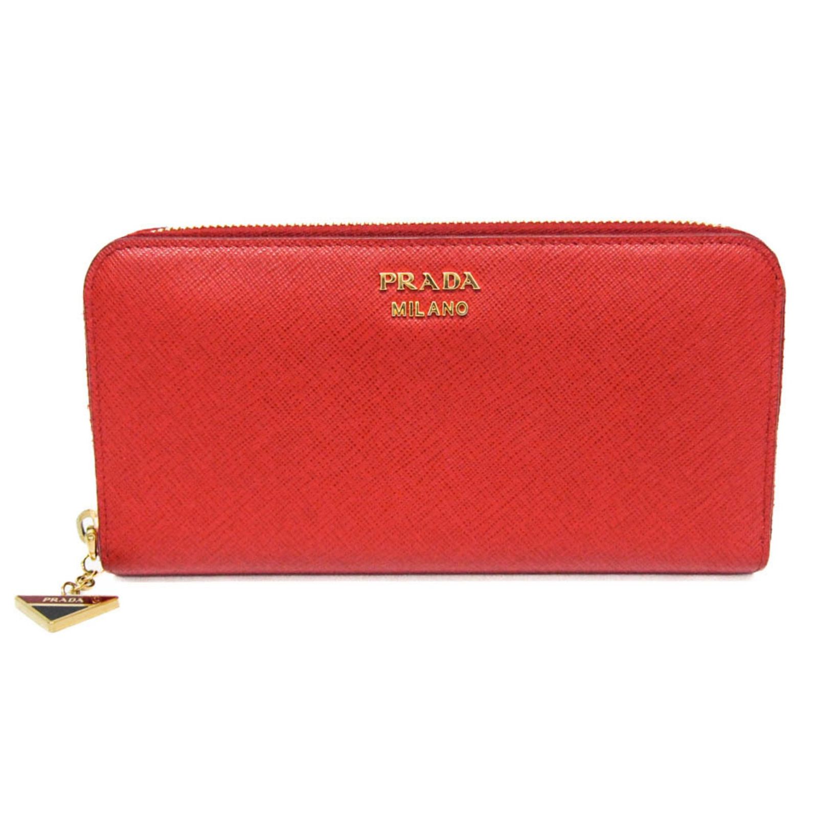 プラダ(Prada) サフィアーノ ラウンドジップ トライアングルチャーム レディース レザー 長財布（二つ折り） レッド