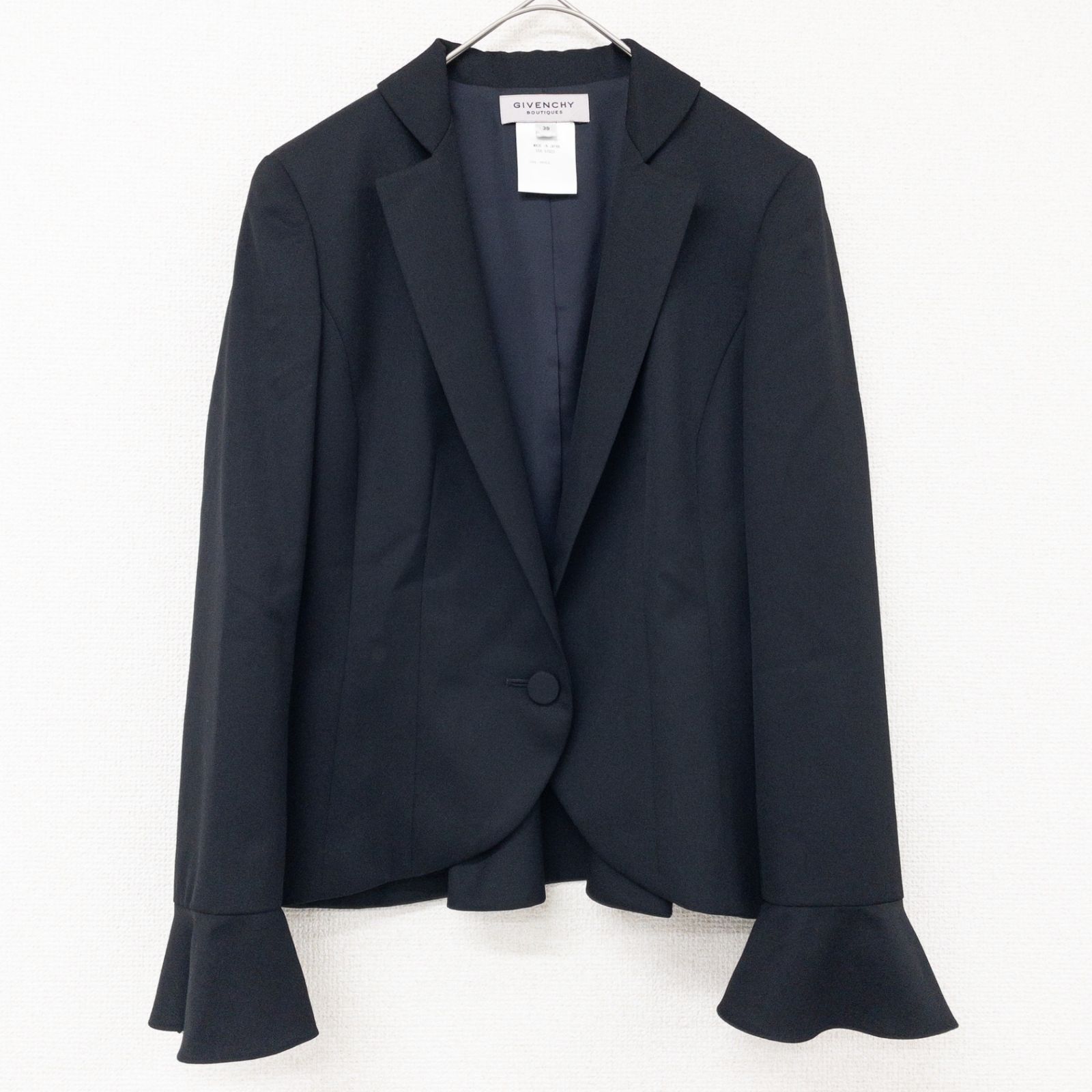 GIVENCHY ジバンシー テーラードジャケット 袖フレア ペプラム ラッフル フリル ウール ブラック 日本製 レディース 38 b01684