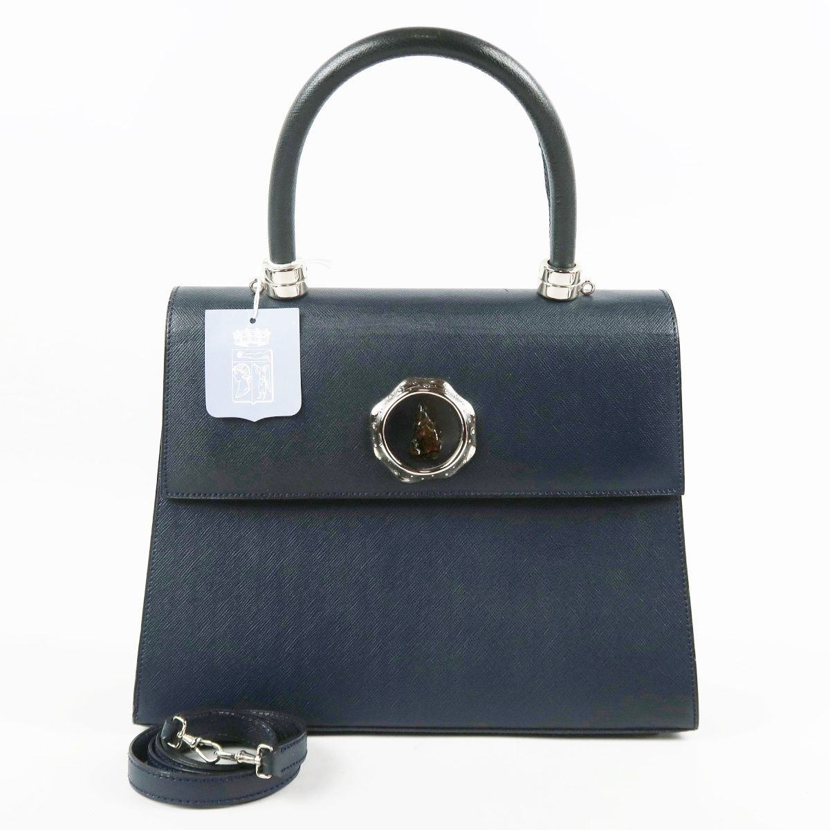 【超美品】MORABITO モラビト 2WAYショルダー ハンドバッグ M・028 RL 石 ストーン ネイビー系【ED63】