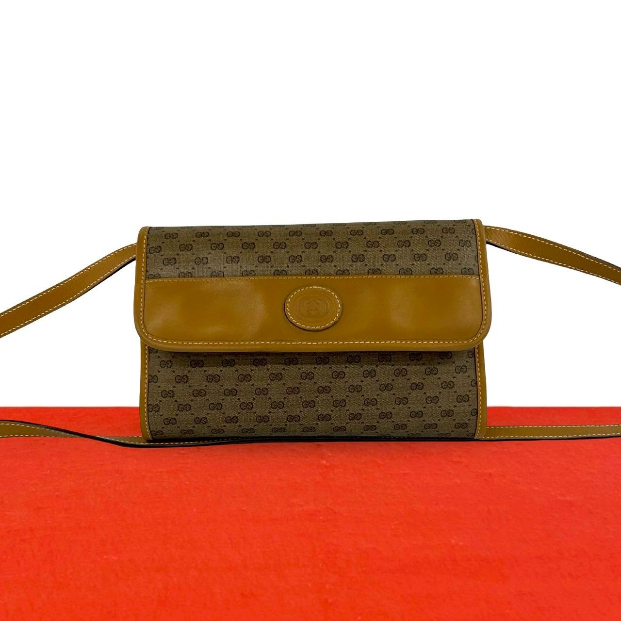 極 美品 GUCCI グッチ オールドグッチ ヴィンテージ マイクロGG 柄 ロゴ レザー 本革 ミニ ショルダーバッグ ポシェット ブラウン 78354