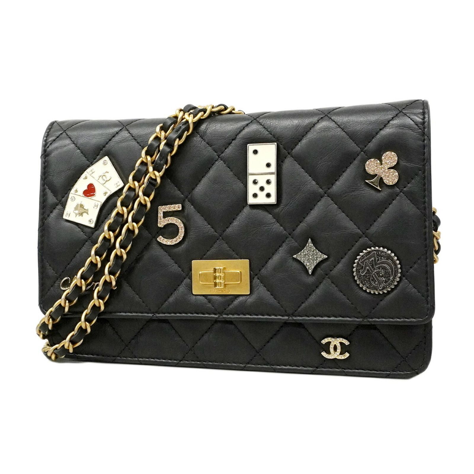 シャネル(Chanel) シャネル 財布・ショルダーウォレット 2.55 マトラッセ チェーンショルダー ラムスキン ブラック ゴールド レディース