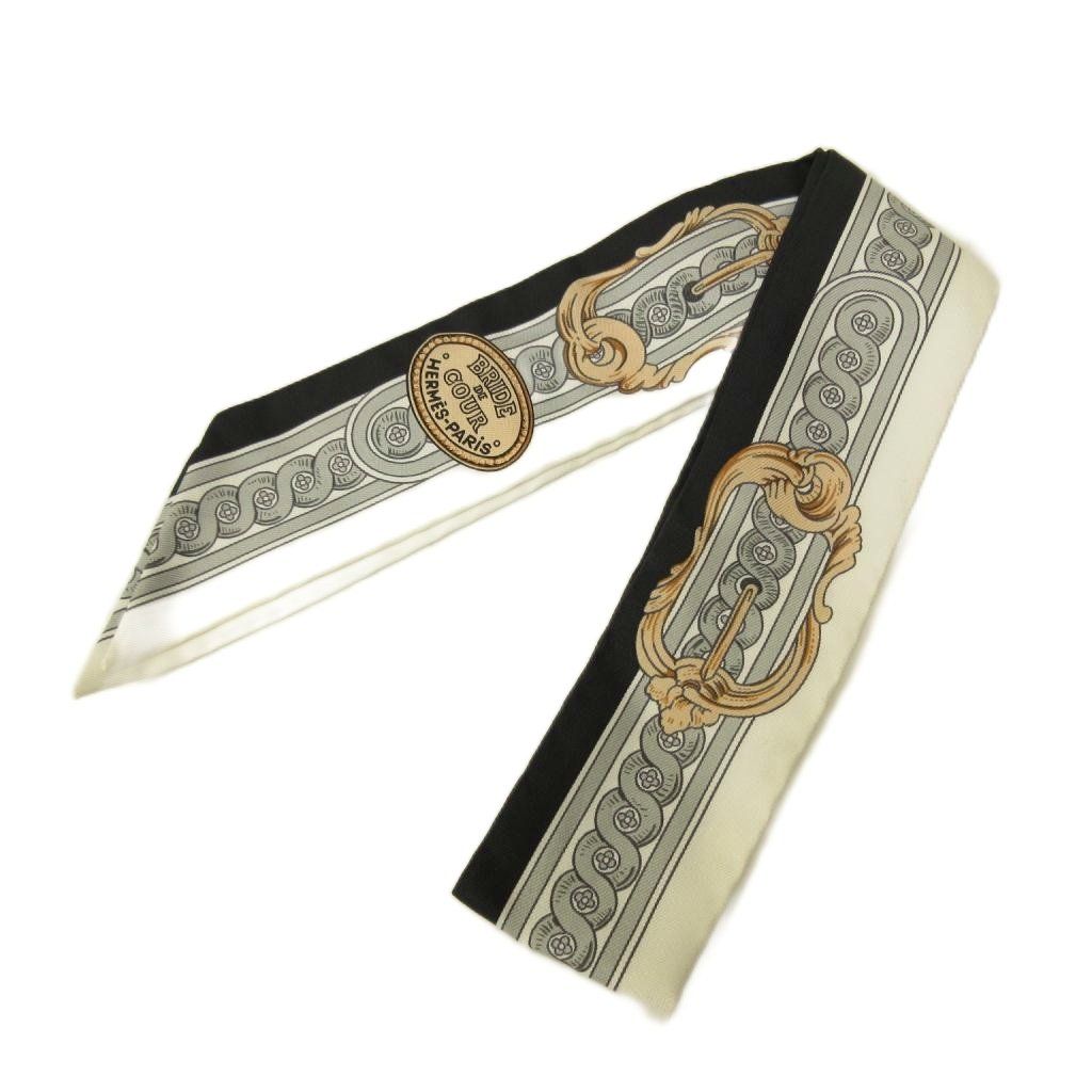 エルメス HERMES 美品 21SS 法廷の勒 BRIDE DE COUR ツイリー スカーフ 総柄 白 黒 ホワイト ブラック 0607