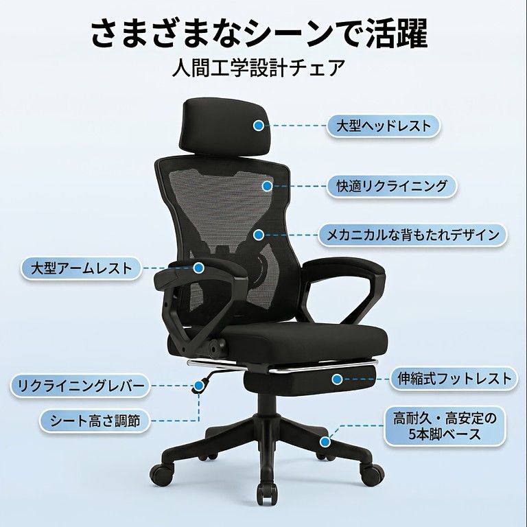 人間工学設計】オフィスチェア メッシュ生地 S字型背もたれ 360度回転 