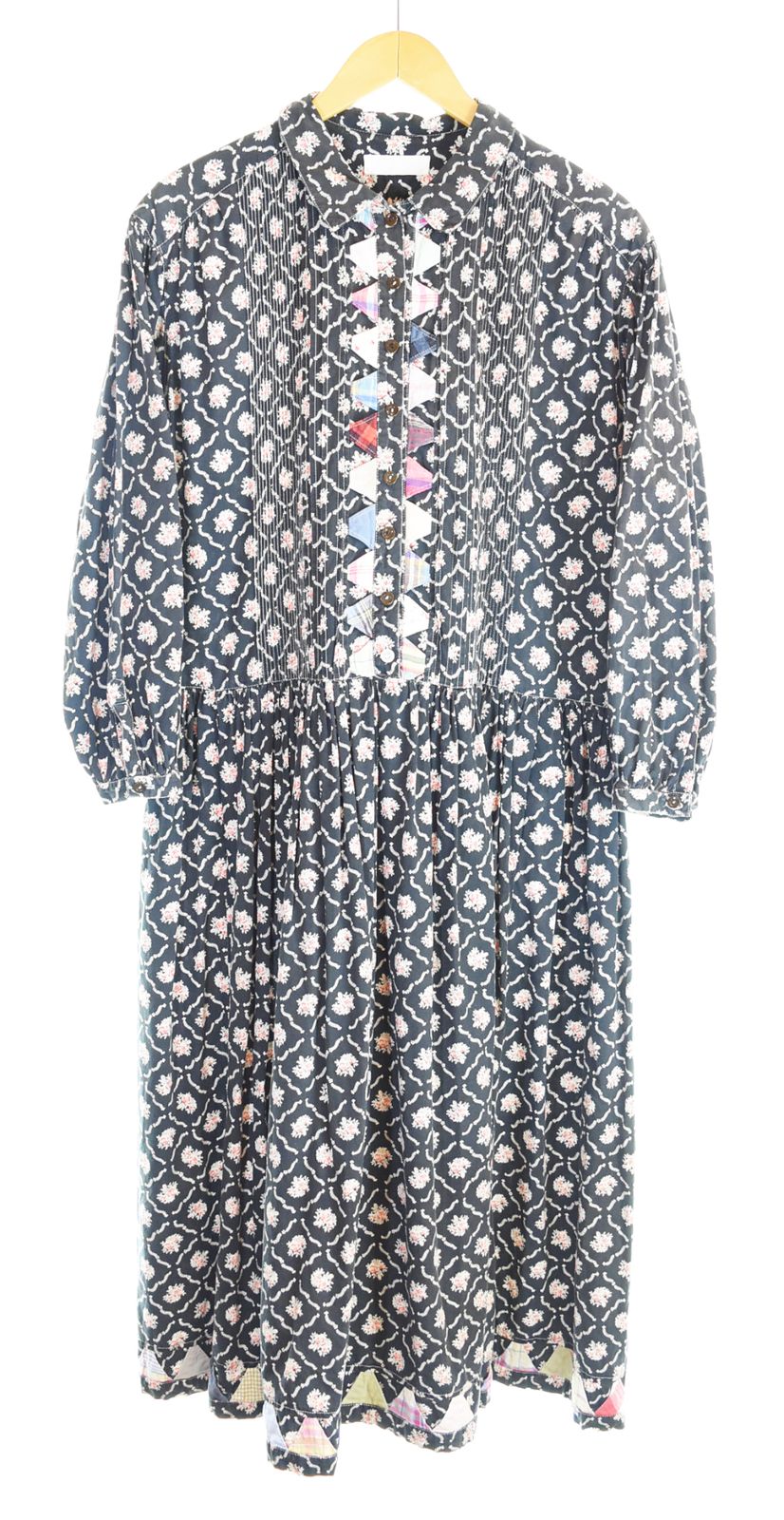 ピンクハウス PINK HOUSE Long Onepiece ロングワンピース シャツ ピンタック 長袖 ハーフボタン 花柄 総柄 フレア ワンピース ブラック フリーサイズ 103LT-226
