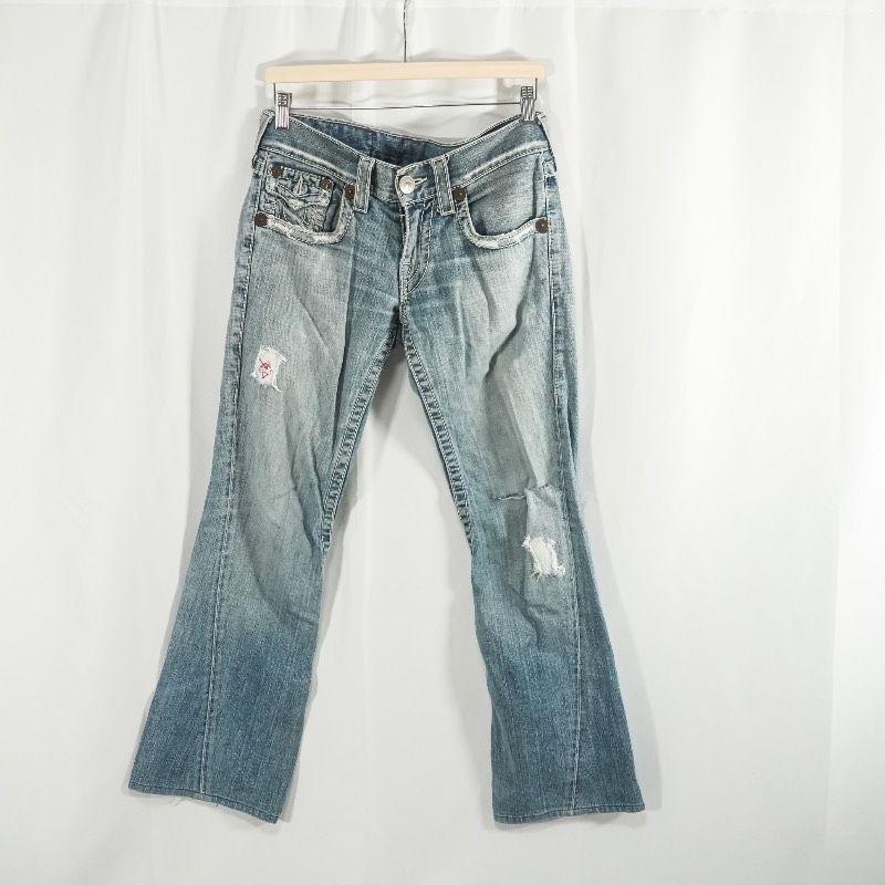 TRUE RELIGION トゥルーレリジョン JOEY BIG T フレアデニム USA製 ダメージ加工 ライトブルー W28 古着