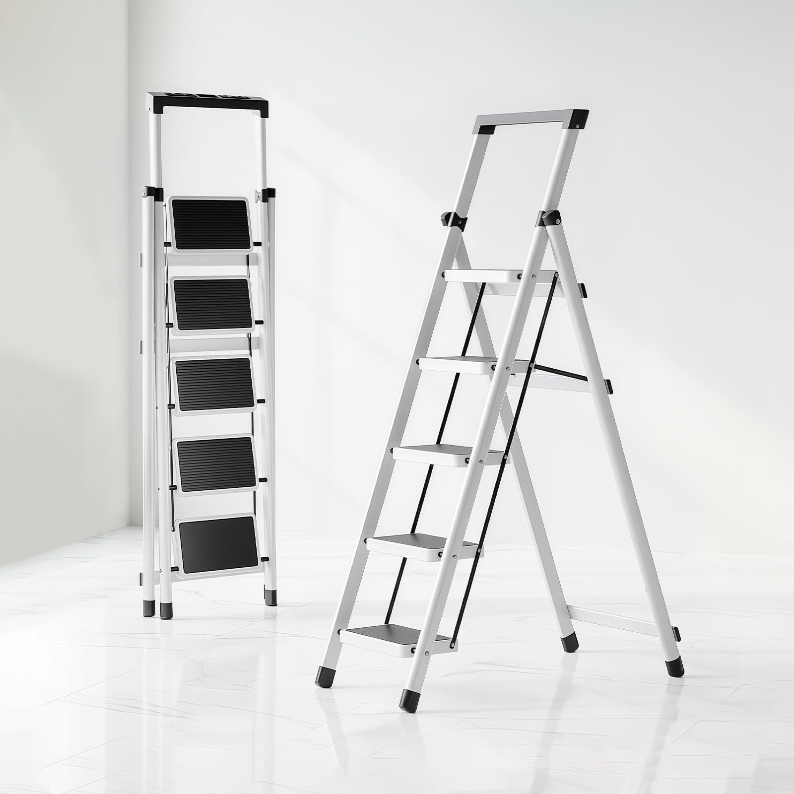 脚立 折りたたみ式 5段 手すり付き ステップ台 安全ロック 軽量 耐荷重150KG ステップスツール 滑り止め コンパクト収納 超薄型 室内 屋外 キッチン 書斎 洗車用Ju 304e9db9
