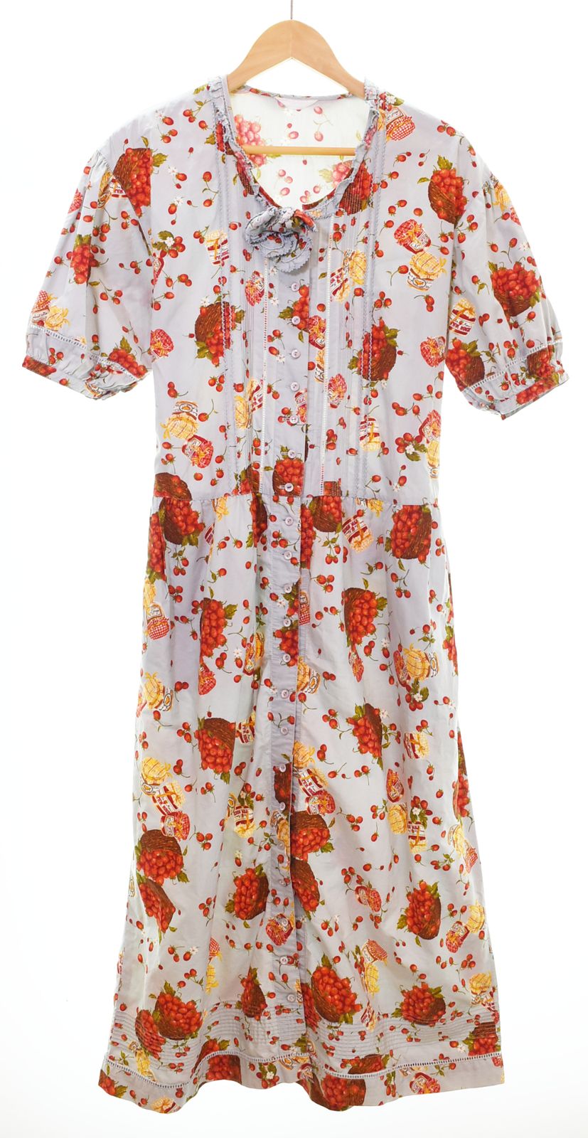ピンクハウス PINK HOUSE Long Shirt Onepiece 半袖 ロング丈 シャツワンピース パフスリーブ バックリボン 苺 総柄 フレア ワンピース ブルー フリーサイズ 103LT-228