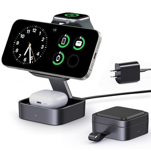 KEEPRO MagSafe 3in1 ワイヤレス充電器 折り畳み充電スタンド 同時に3つのデバイス充電 15W/10W/7.5W 置くだけ充電 マグセーフ充電器 iPhone/Apple Watch/Airpodsに対応 コンパクト旅行用 31bf3ef9