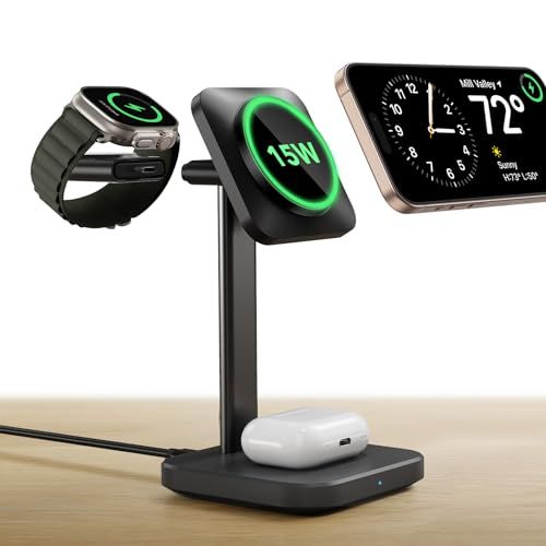 ESR 15W MagSafe 充電器 3in1 ワイヤレス充電器(最大15W高速充電) Apple公式認証 HaloLock 置くだけ 高速充電 マグセーフ 充電ステーション 同時充電 スタンド 取り外し可能なアップルウォッチ充電器 iPh 9d8f530b