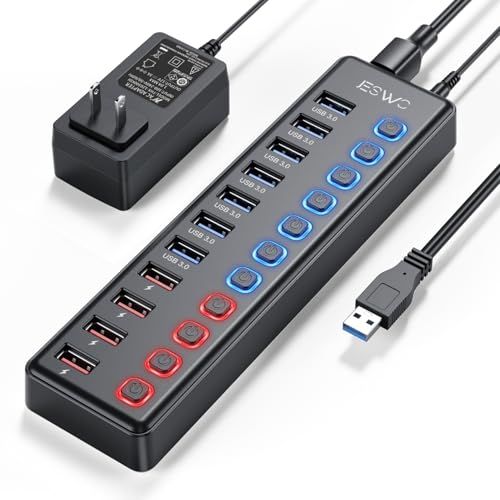 JESWO USBハブ 電源付き USB3.0ハブ 7ポートの 拡張+ 4充電ポート セルフパワー USB Hub 5Gbps高速データ伝送 USB3.0 拡張 独立スイッチ付き 12V3A ACアダプタ付き Android/Windows/ 631c259a
