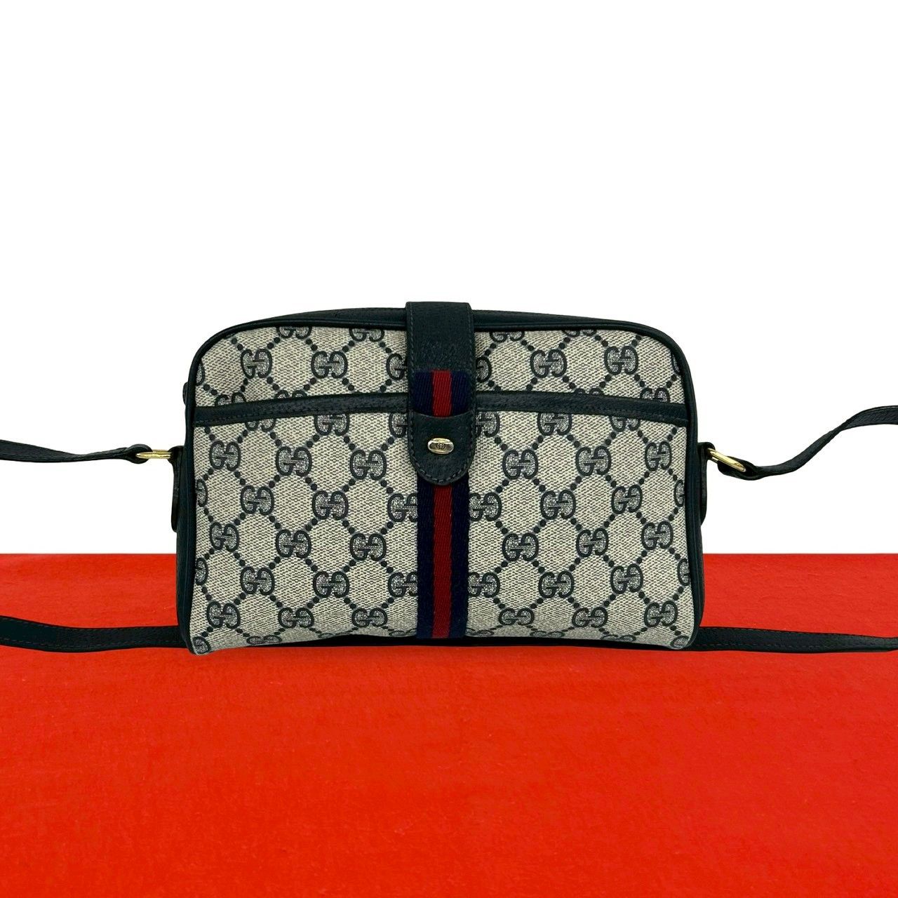 極 美品 GUCCI グッチ オールドグッチ ヴィンテージ シェリーライン GG ロゴ 柄 金具 レザー 本革 ショルダーバッグ ネイビー 37903