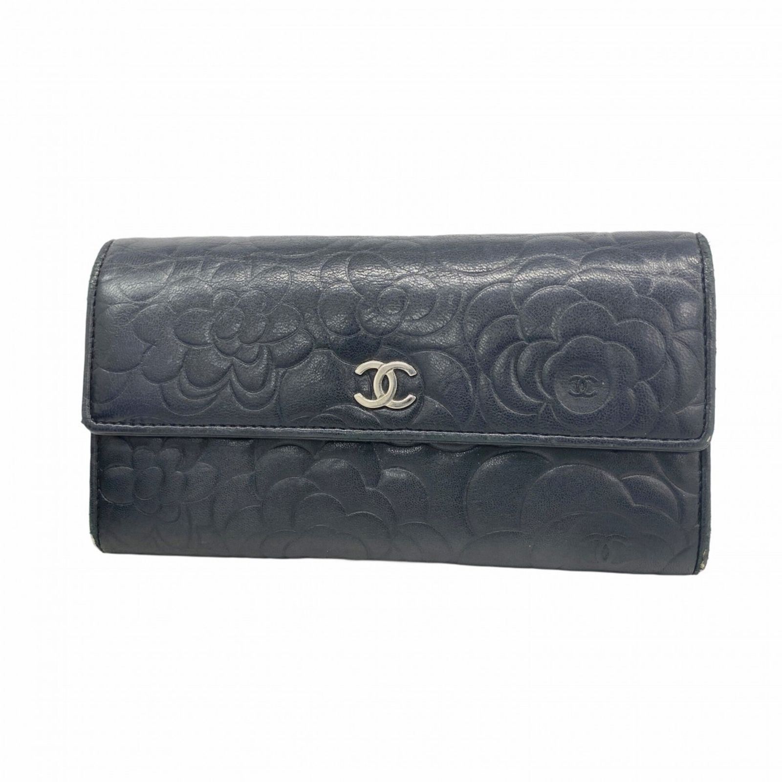 シャネル(Chanel) シャネル 長財布 カメリア ラムスキン ブラック レディース