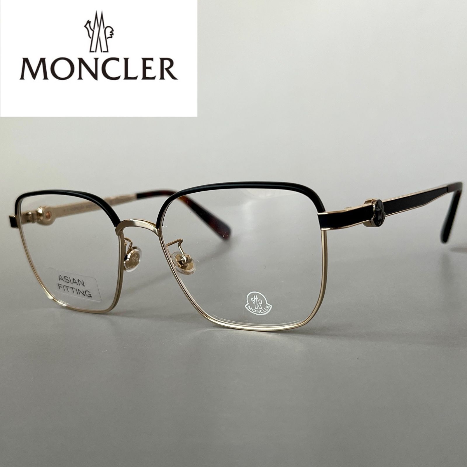 モンクレール メガネ MONCLER スクエア 眼鏡 マットブラック ペールゴールド コンビネーション 黒 金 メタル 新品 アジアンフィット