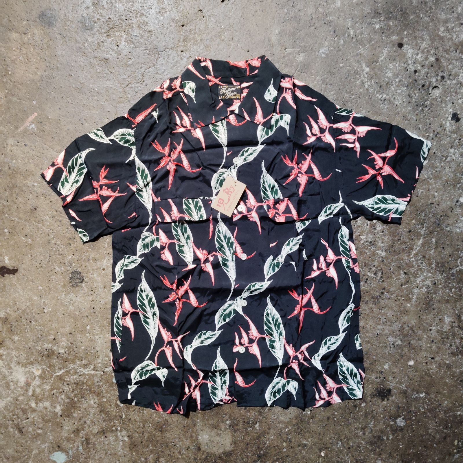 KOJIMA JEANS リーフプリント アロハシャツ オープンカラーシャツ XL BLACK レーヨン 児島ジーンズ RNB-2003 タグ付き
