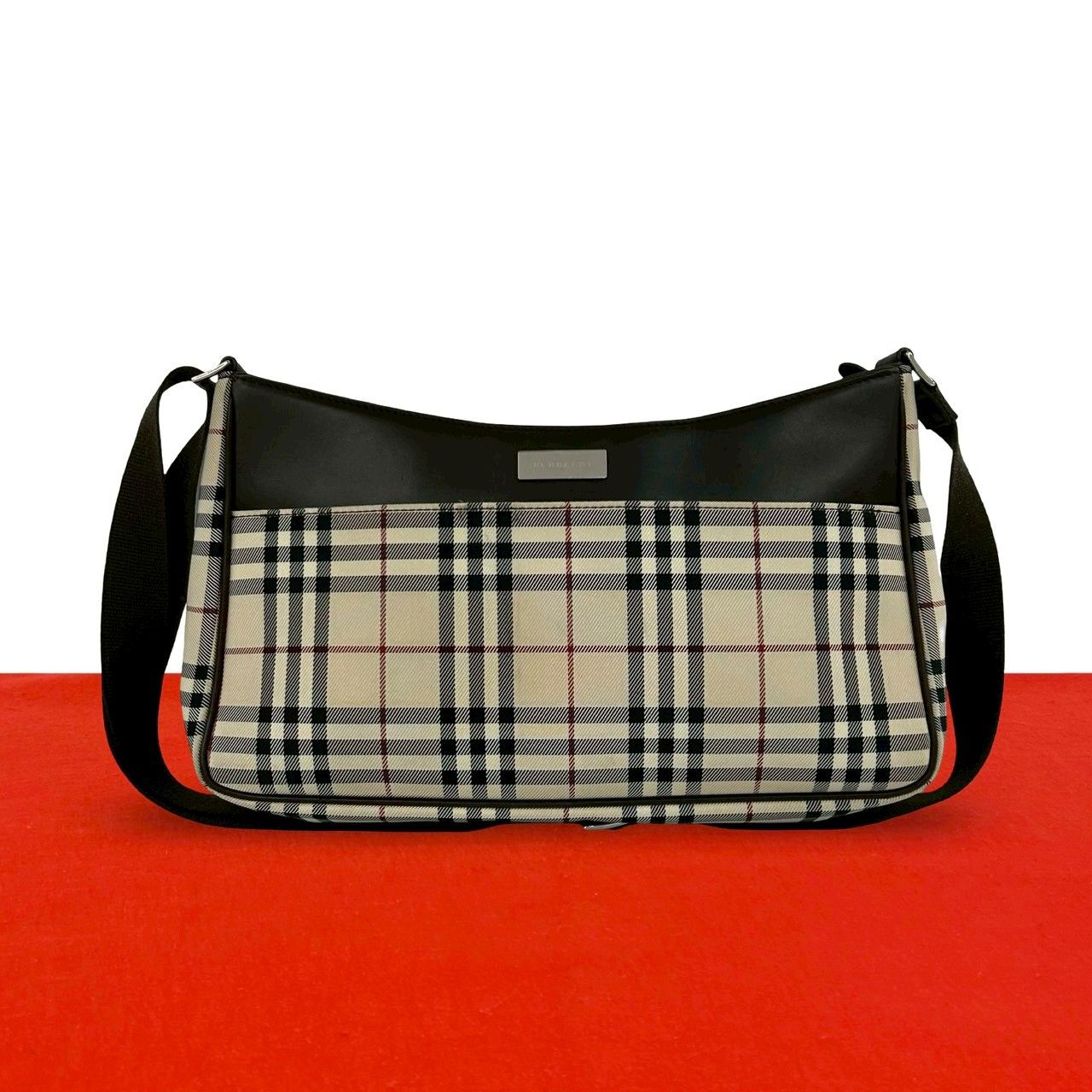 極 美品 BURBERRY バーバリー ノバチェック 柄 ロゴ 金具 キャンバス レザー 本革 ショルダーバッグ サコッシュ ベージュ ブラウン 88412