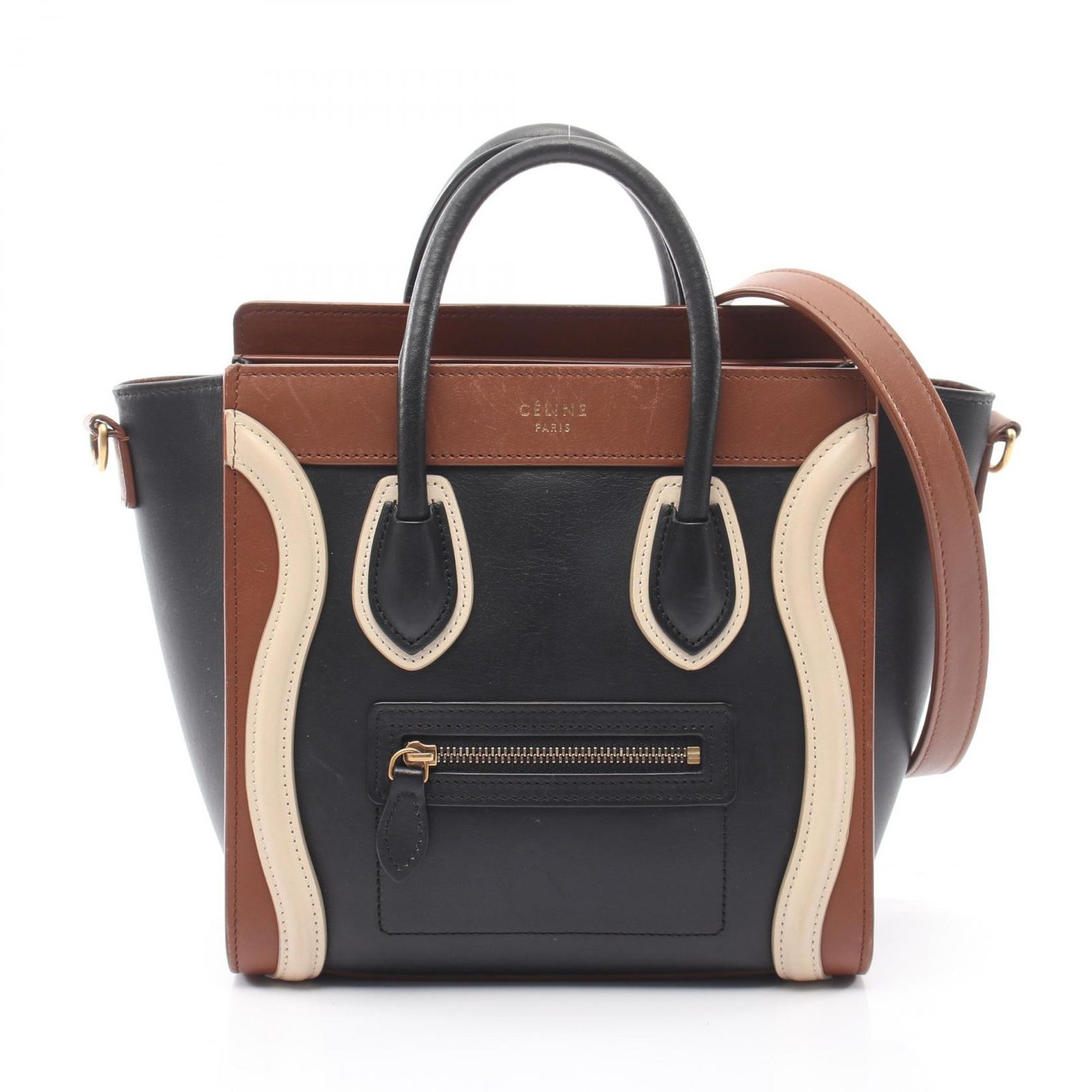 セリーヌ CELINE ハンドバッグ ラゲージ ナノショッパー 2WAY ブラック/ブラウン/アイボリー レザー ラゲージ ナノ ショッパー レディース Used B
