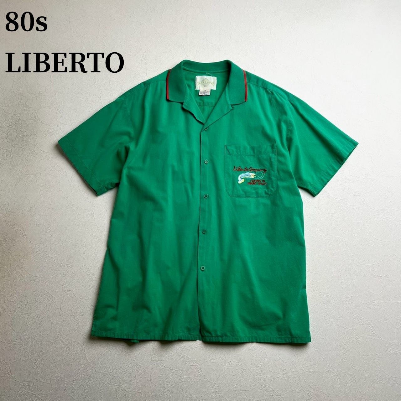 80s LIBERTO　オープンカラー　刺繍ロゴ　開襟　半袖シャツ　リベルト　グリーン　M 古着