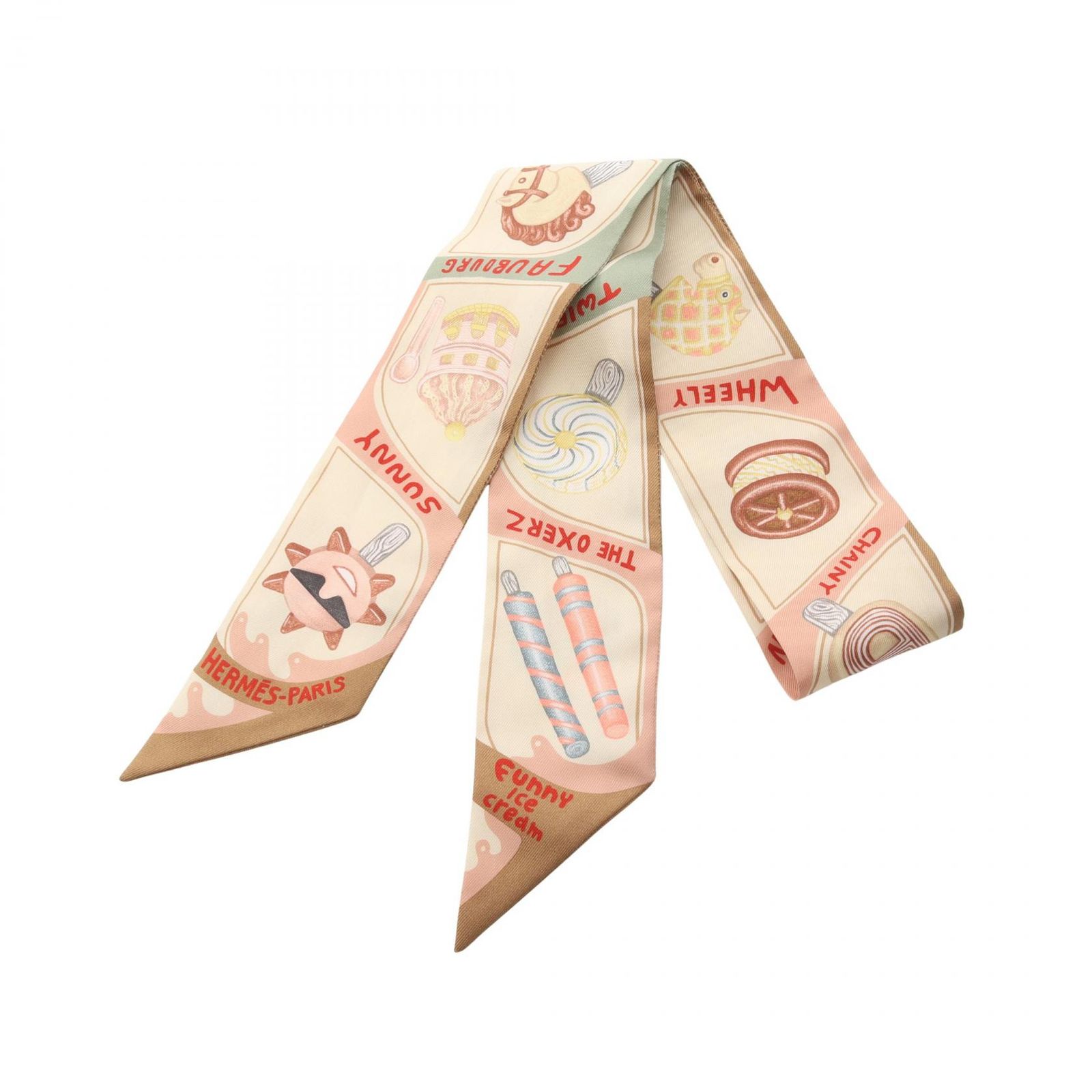 エルメス HERMES スカーフ ツイリー Funny Ice Cream リボン ベージュ シルク トゥイリー レディース Used A