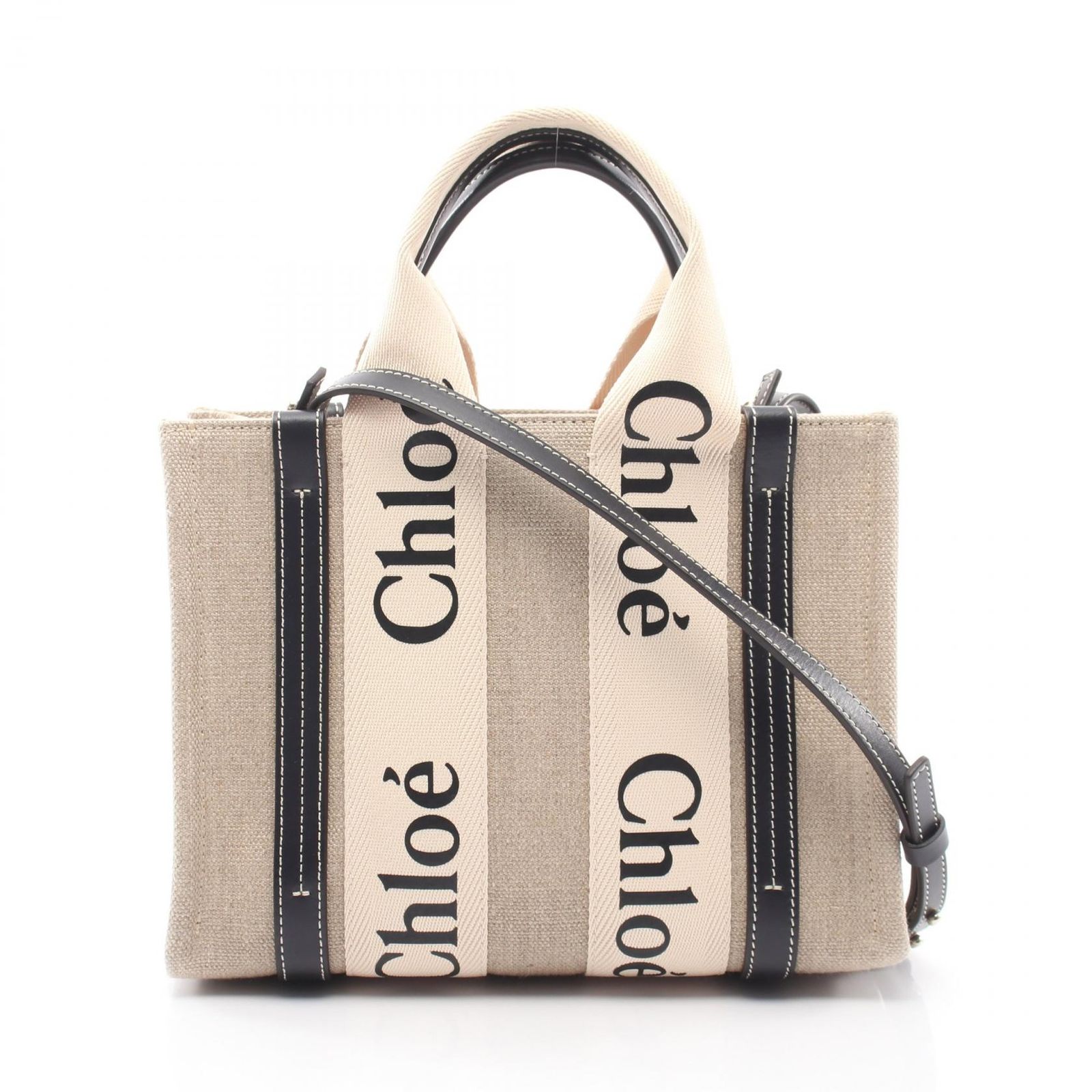 クロエ Chloe トートバッグ WOODY SMALL ウッディ スモール 2WAY CHC22AS397I2691J アイボリー/ブラック キャンバス レザー ウッディ スモール レディース Used A