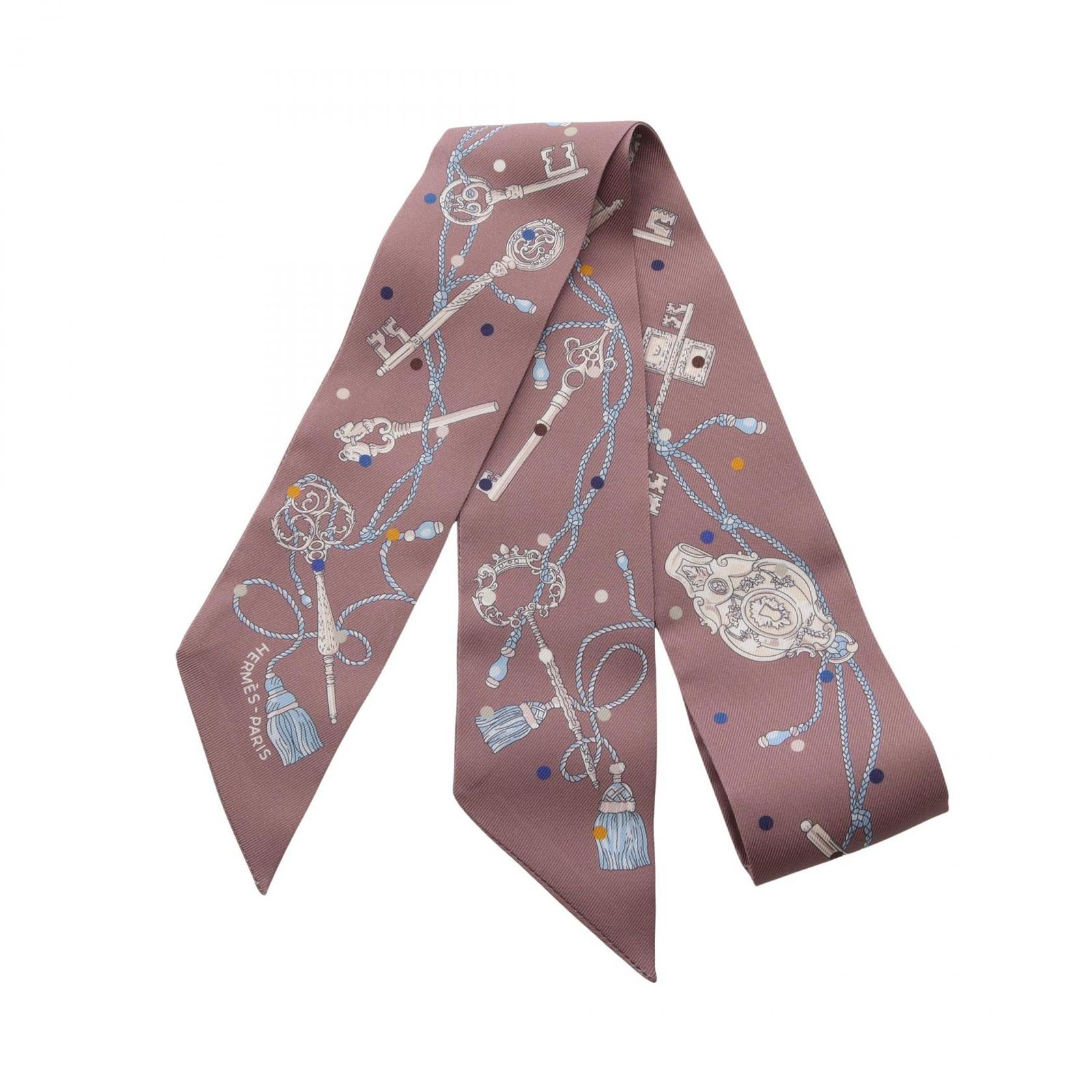 エルメス HERMES スカーフ ツイリー Les Cles a Pois リボン マロングラッセ/グリ シルク ツイリー レディース Used A