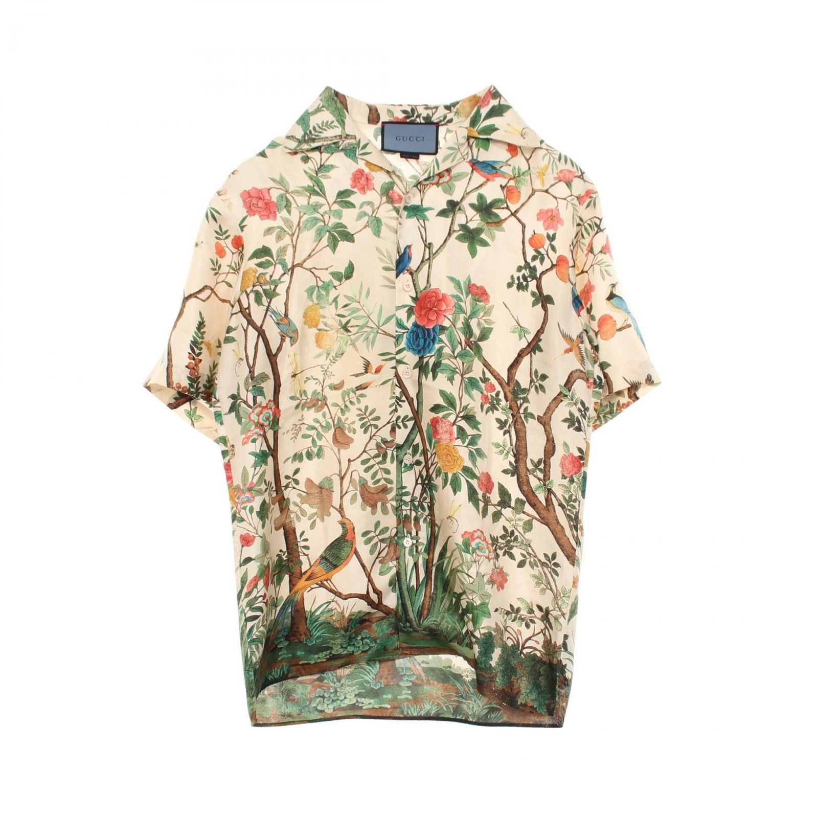 グッチ GUCCI ボタニカル オープンカラー 半袖 シルク シャツ メンズ Used B