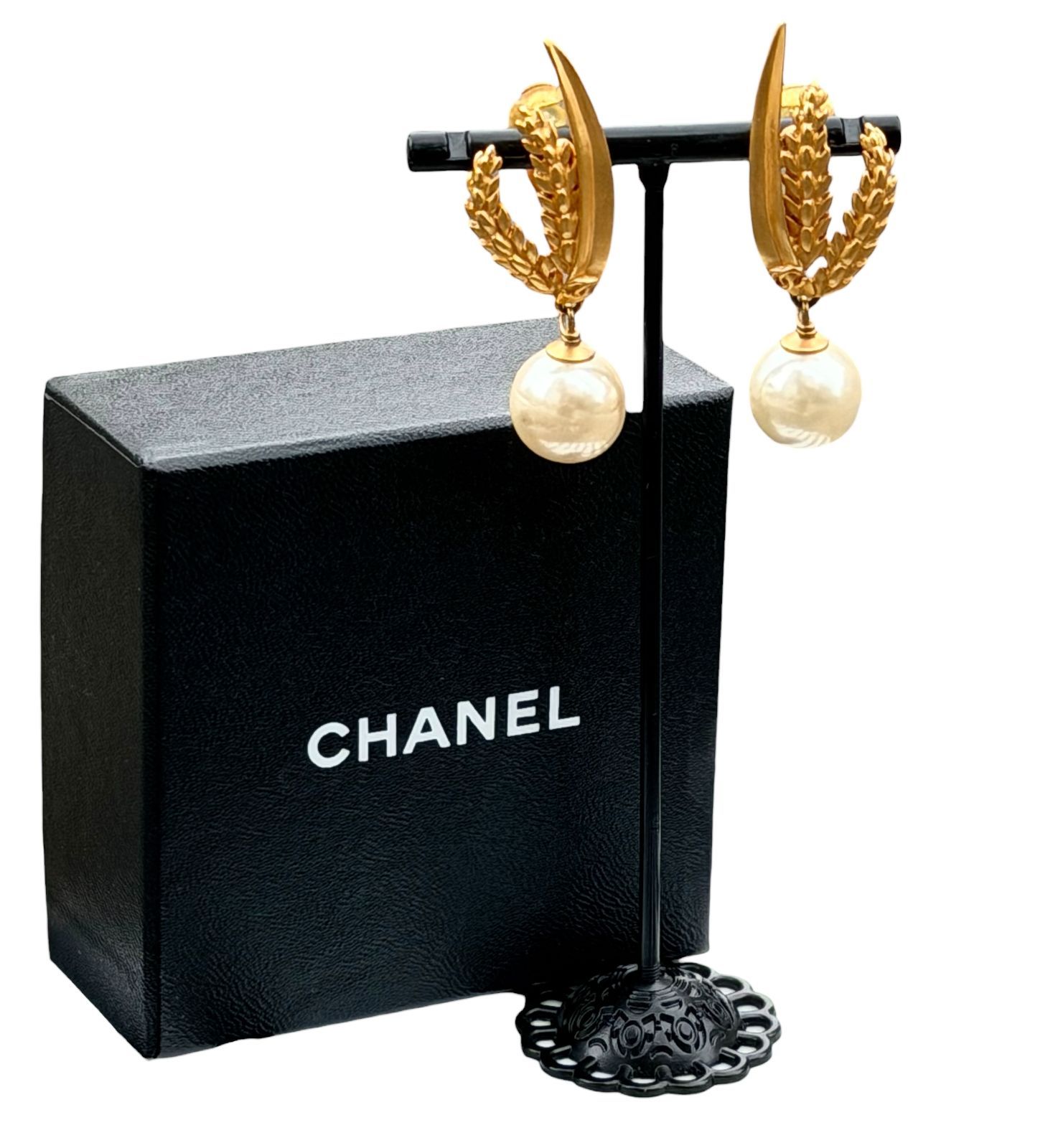 超美品◆シャネルCHANELヴィンテージVintageココCoCo麦穂チーフぶら下がりパールイヤリングピアス耳飾ゴールドカラーアクセサリーマメあり