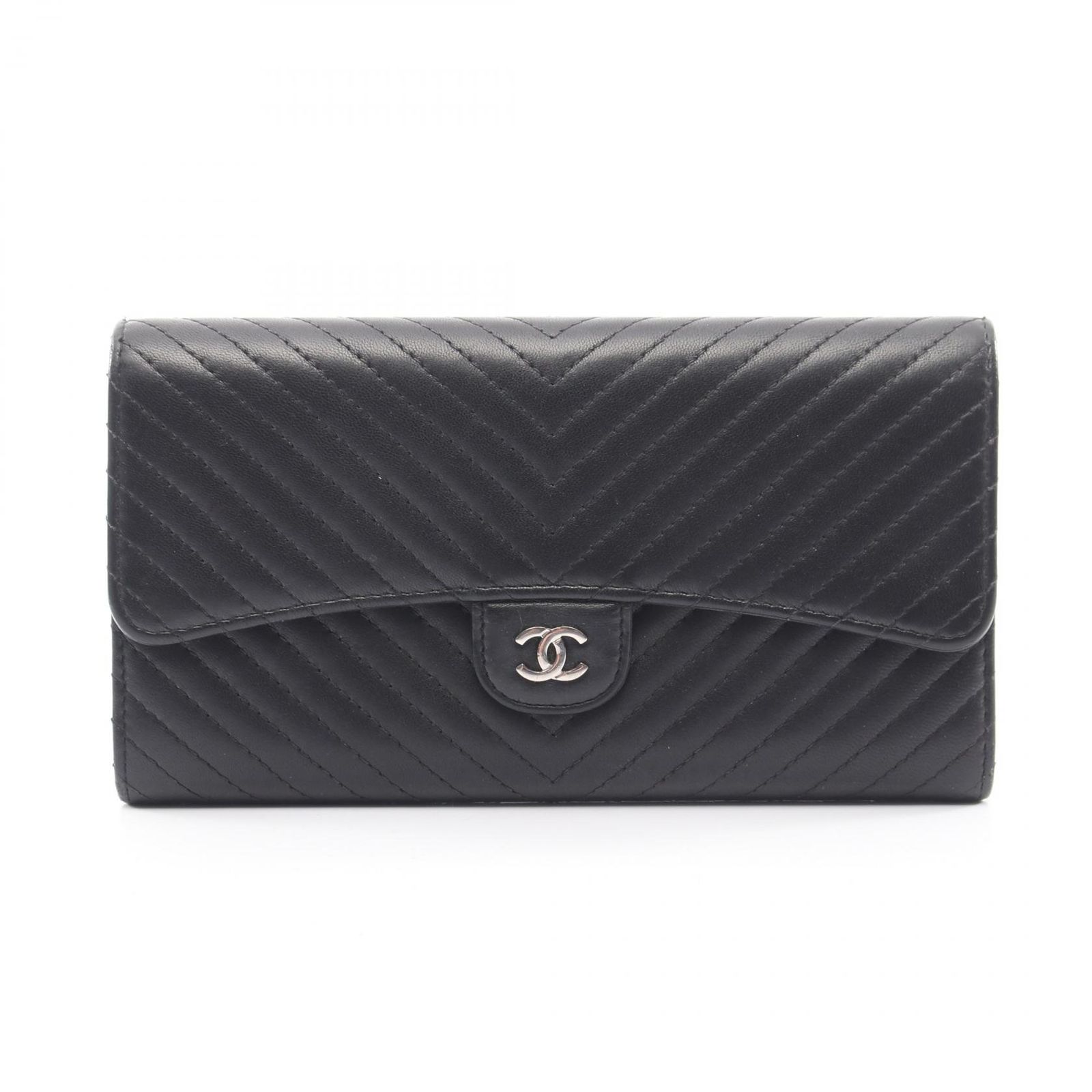 シャネル CHANEL 二つ折り長財布 Vステッチ シェブロン ブラック ラムスキン（羊革） シェブロン フラップ長財布 レディース Used B