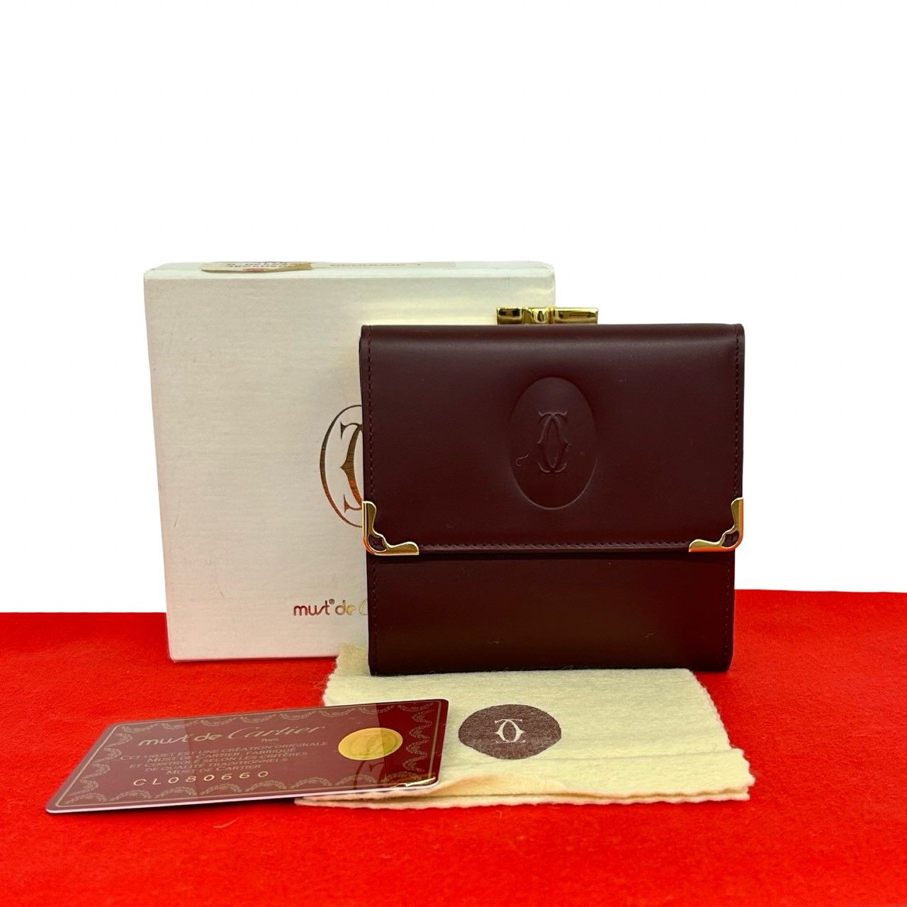 未使用保管品 箱付き CARTIER カルティエ マストライン レザー 本革 がま口 三つ折り財布 ミニウォレット 小銭入れ ボルドー 74278