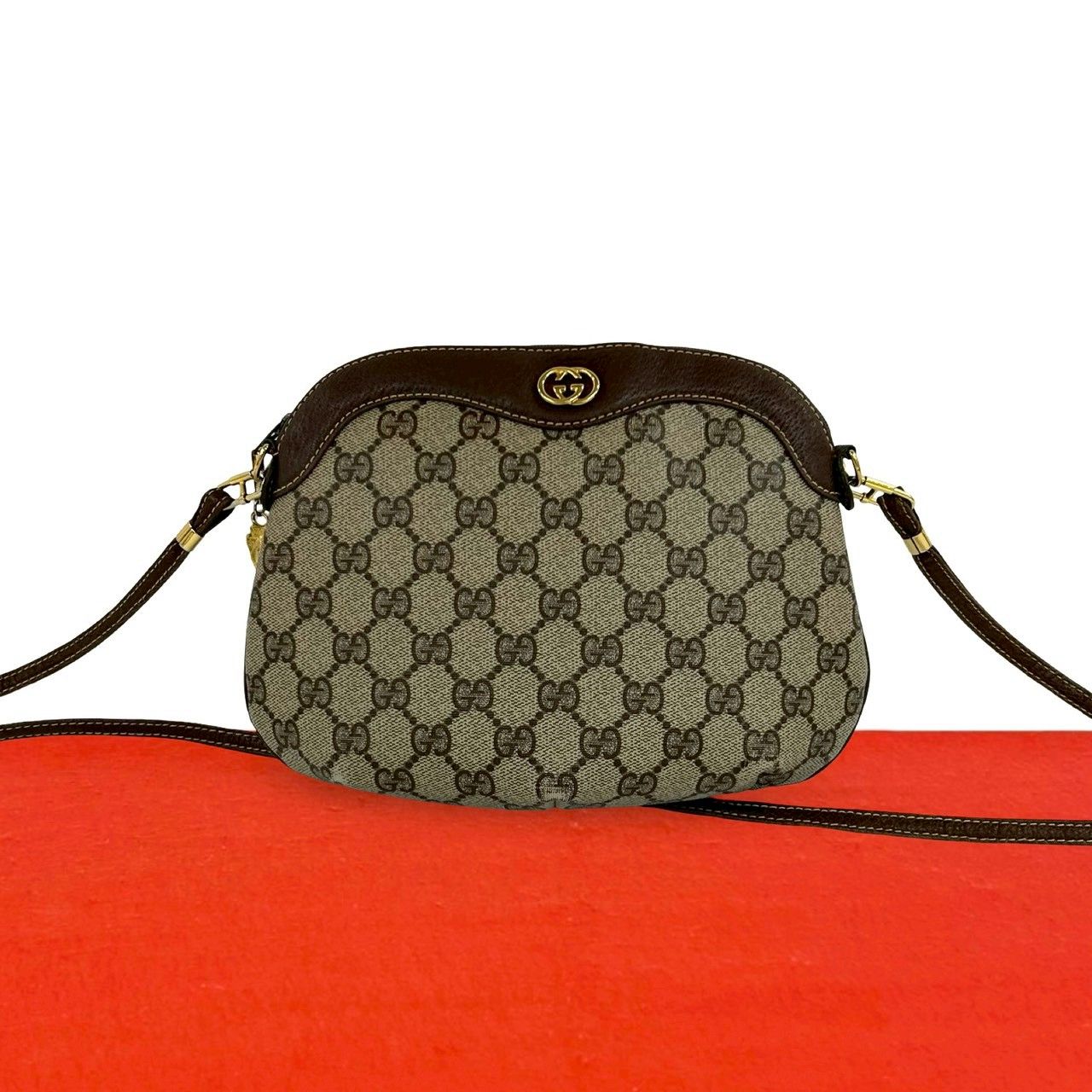 極 美品 GUCCI グッチ オールドグッチ ヴィンテージ GG ロゴ 柄 金具 レザー 本革 ミニ ショルダーバッグ ポシェット ブラウン 33201