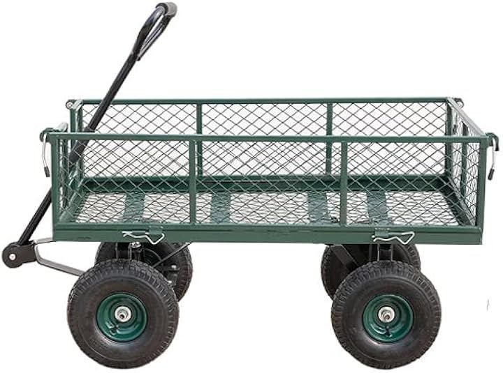 QD-WST カゴ付き台車 スチールメッシュカート ガーデンカート キャンプカート リアカー 牽引台車 園芸 一体化ハンドル 防水防塵加工 取り外せるスチールメッシュ アウトドア (アーミーグリーン, 96X50X25CM)
